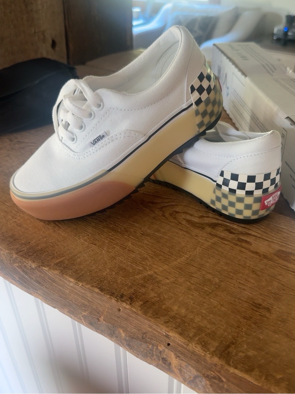 Vans Era Stacked Platform White Black Checkerboard Shoes Womans 5